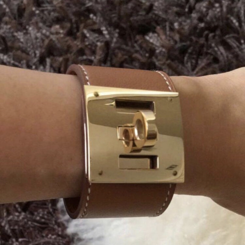 Hermes Kelly Brown Leather Cuff Bracelet with Gold Hardware